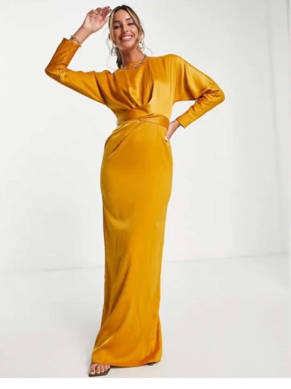 Asos batwing yellow satin maxi dress size 4